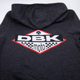 No Sleep youth hoodie logo close-up on dark gray back panel with hood