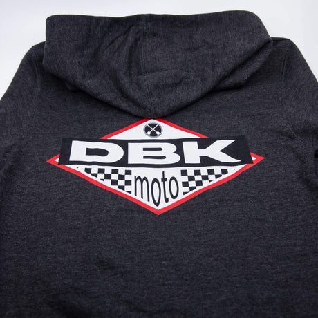No Sleep youth hoodie logo close-up on dark gray back panel with hood