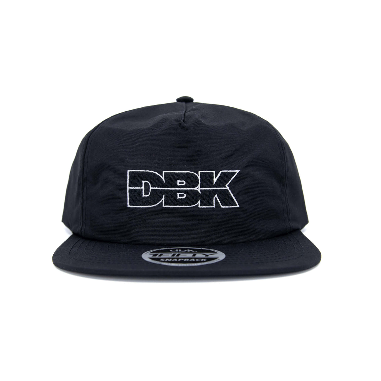 Black snapback cap with DBK logo graphic on the front panel, studio view.