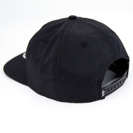 Black snapback cap back view with ventilation eyelets and side strap detail.