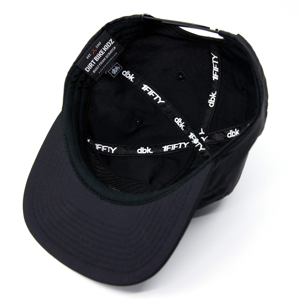 Black snapback cap interior showing printed logos and adjustable strap.