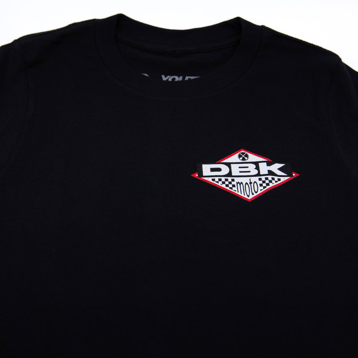 Youth premium black T-shirt front closeup with DBK Moto logo graphic