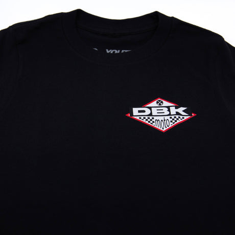 Youth premium black T-shirt front closeup with DBK Moto logo graphic