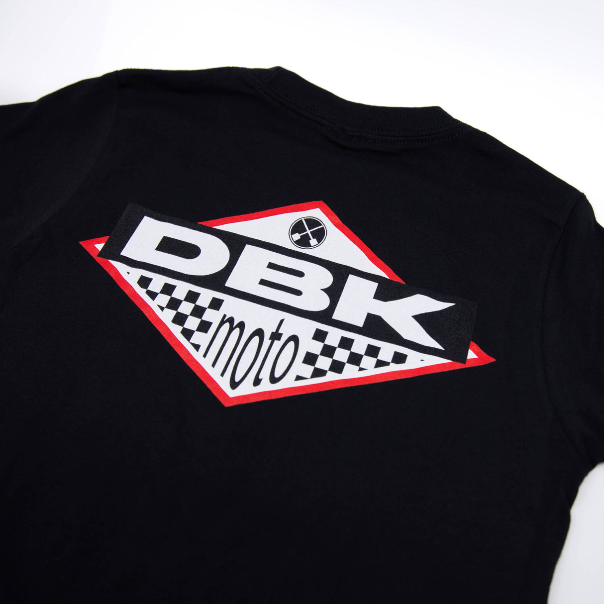 Youth premium black T-shirt back closeup with DBK Moto logo graphic
