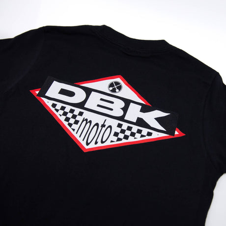 Youth premium black T-shirt back closeup with DBK Moto logo graphic