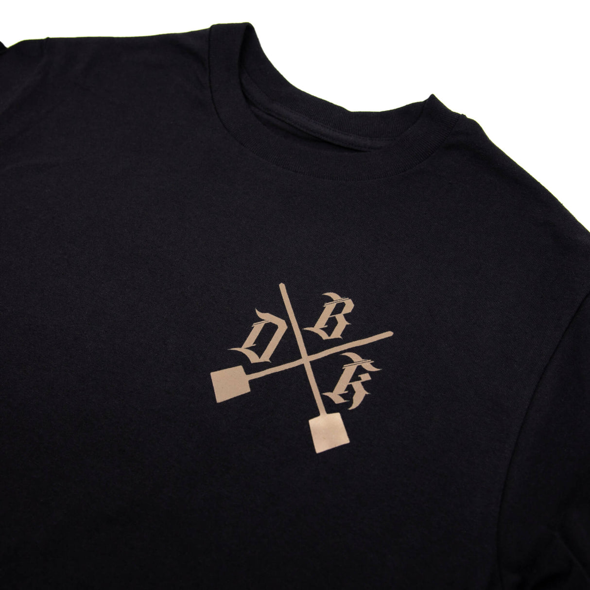Black men's graphic T-shirt back view with camo letter design and red accents
