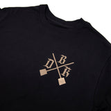 Black men's graphic T-shirt back view with camo letter design and red accents