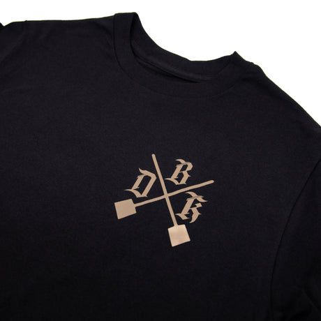 Black men's graphic T-shirt back view with camo letter design and red accents