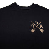 Black men's graphic T-shirt front close-up of crossed-shovel emblem logo