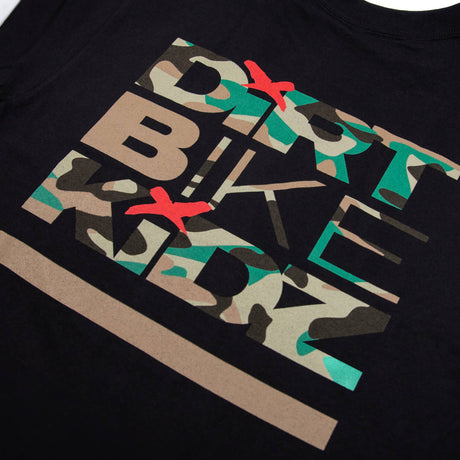 Black men's graphic T-shirt close-up of camo bike-themed lettering with red accents
