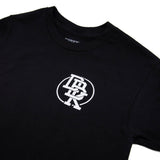 Black Hot Rod T-shirt close-up: small circular chest emblem logo