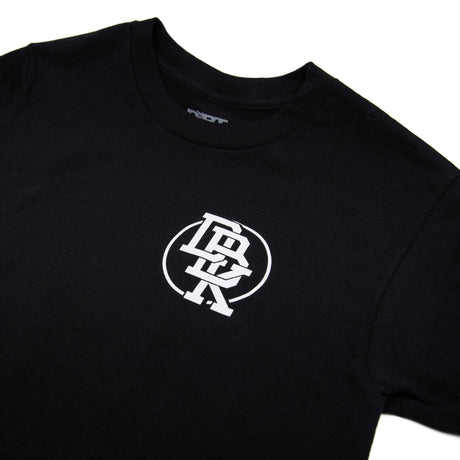 Black Hot Rod T-shirt close-up: small circular chest emblem logo