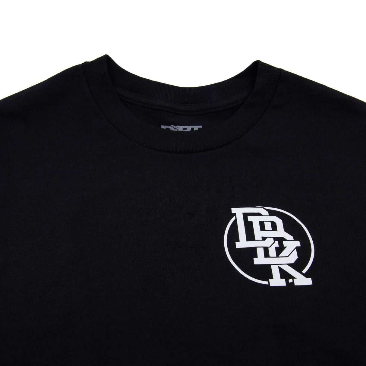 Black Hot Rod T-shirt close-up: crew neck with small chest emblem logo