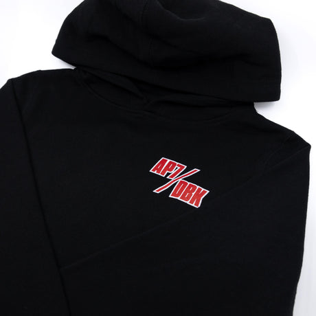 Youth black hoodie hood with small AP7/DBK chest logo