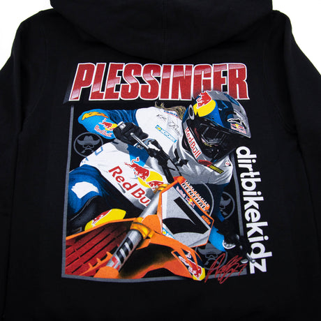 Back hoodie graphic close-up: “PLESSINGER” and “offbikekidz” text