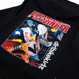 Youth black hoodie close-up of large back Pliessinger racing graphic