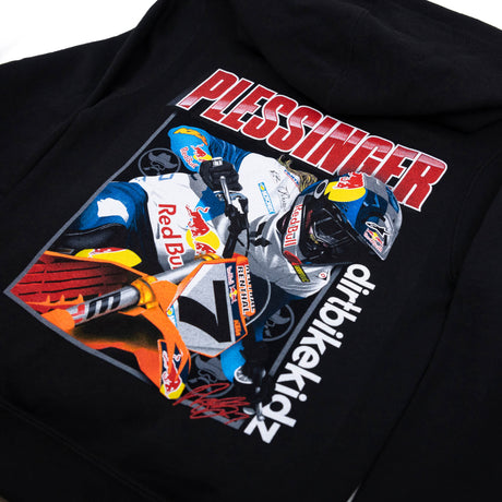 Angled view of “PLESSINGER” back print with offbikekidz text