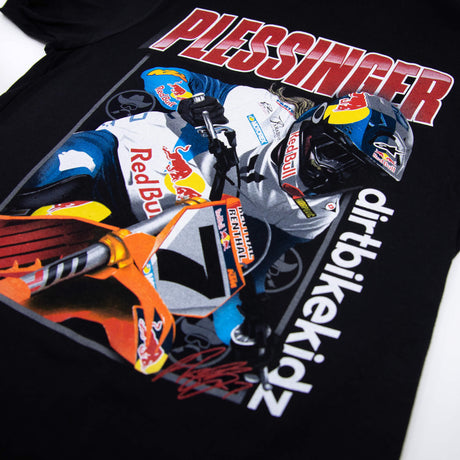 Black AP7 tee close-up of PLESSINGFER bike graphic on the back