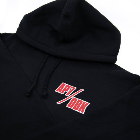 AP7/DBK chest logo on black hoodie with drawstring hood