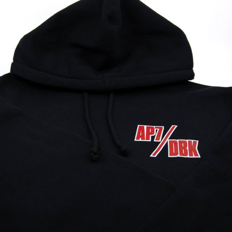 Black hoodie with AP7/DBK logo on chest, hood with drawstrings