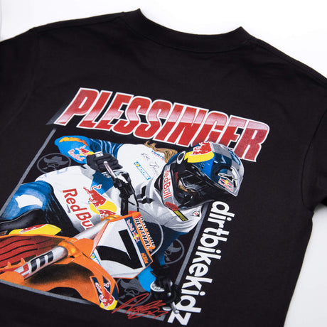 Black T-shirt with large racing-helmet graphic and multicolor red text