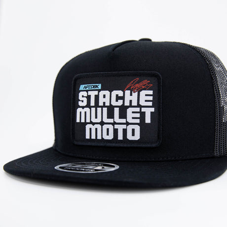 Stache Mullet Moto black trucker cap front logo patch and snapback brim