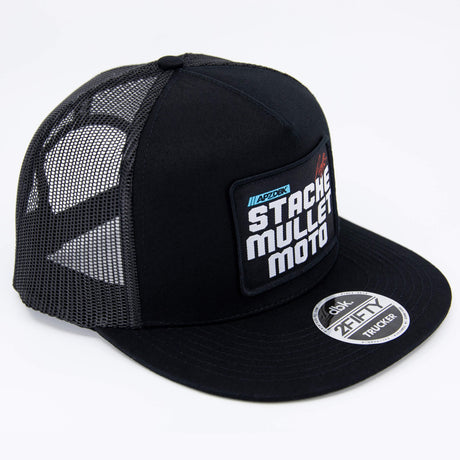 Stache Mullet Moto black trucker cap side view with mesh panels and front patch
