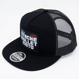 Black trucker cap with mesh side panels and front logo patch, curved brim.