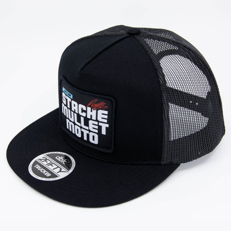 Stache Mullet Moto black trucker cap angled view with front patch and side badge