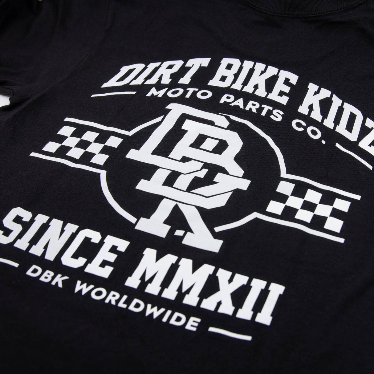 Black Hot Rod T-shirt close-up of “DIRT BIKE KIDZ” back graphic and text