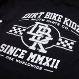Black Hot Rod T-shirt close-up of “DIRT BIKE KIDZ” back graphic and text