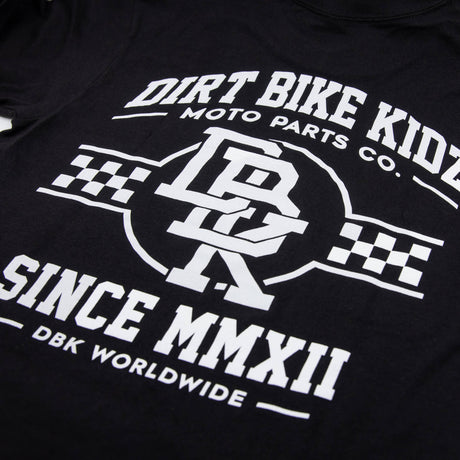 Black Hot Rod T-shirt close-up of “DIRT BIKE KIDZ” back graphic and text