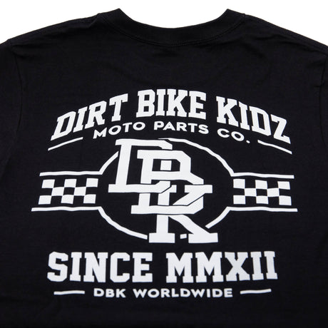Black Hot Rod T-shirt close-up of “DIRT BIKE KIDZ” back graphic print