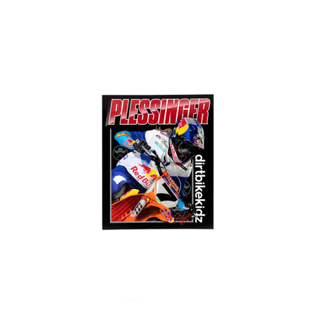 Motorcycle sticker square with rider in blue helmet, orange bike, PLESSINGFER headline