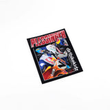 Motorcycle sticker with rider artwork, blue helmet, orange bike, PLESSINGFER lettering