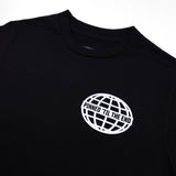 Black T-shirt close-up of white globe logo reading “Pinned Til The End”