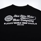 Black T-shirt front graphic: Dirt Bike Kidz Moto Company with World Wide and stars