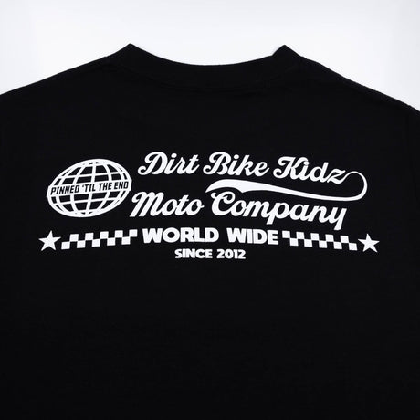 Black T-shirt front graphic: Dirt Bike Kidz Moto Company with World Wide and stars