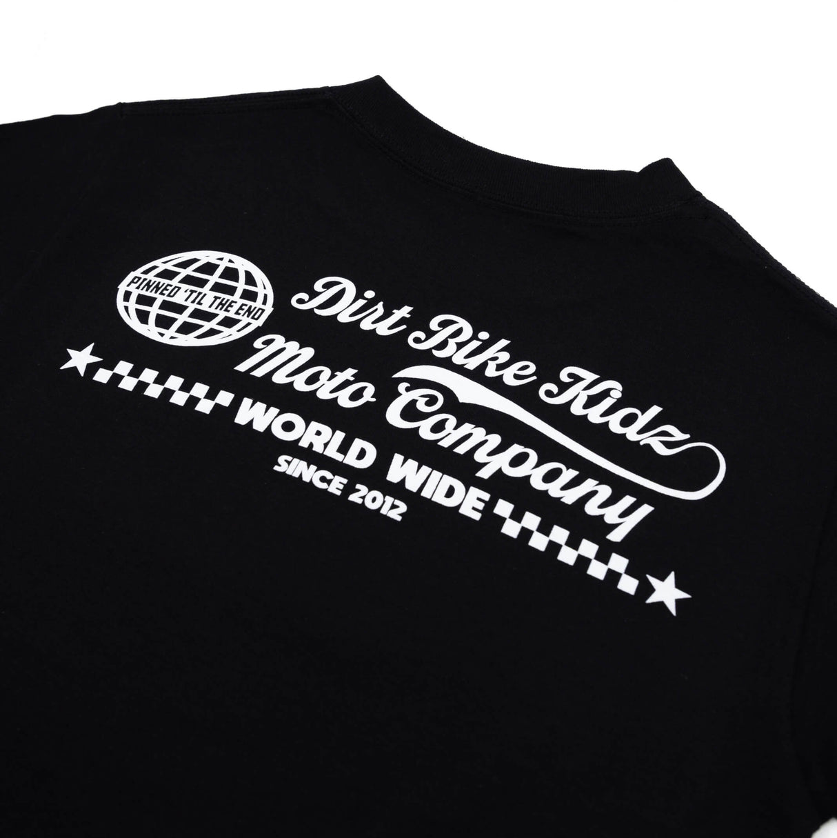 Black T-shirt back graphic with globe icon, Dirt Bike Kidz Moto Company, World Wide