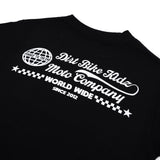 Black T-shirt back graphic with globe icon, Dirt Bike Kidz Moto Company, World Wide