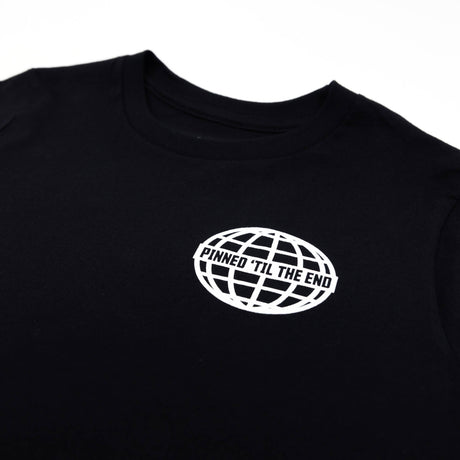 Youth premium T-shirt black with chest globe graphic and "Pinned 'Til the End" text.