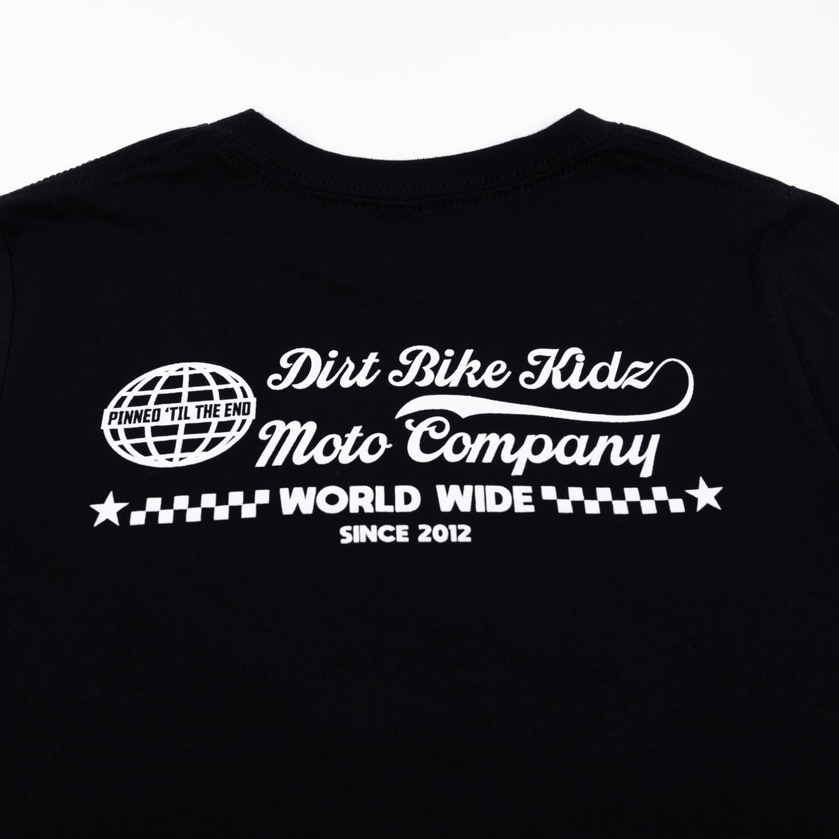 Youth premium T-shirt black with large back "Dirt Bike Kidz" "Moto Company" "World Wide" print.