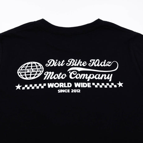 Youth premium T-shirt black with large back "Dirt Bike Kidz" "Moto Company" "World Wide" print.