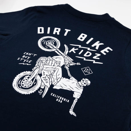 Navy youth premium tee close-up of back rider graphic with DIRT BIKE KIDZ