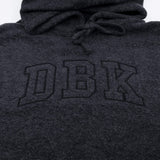 Women’s dark charcoal pullover hoodie close-up of front logo and drawstring hood