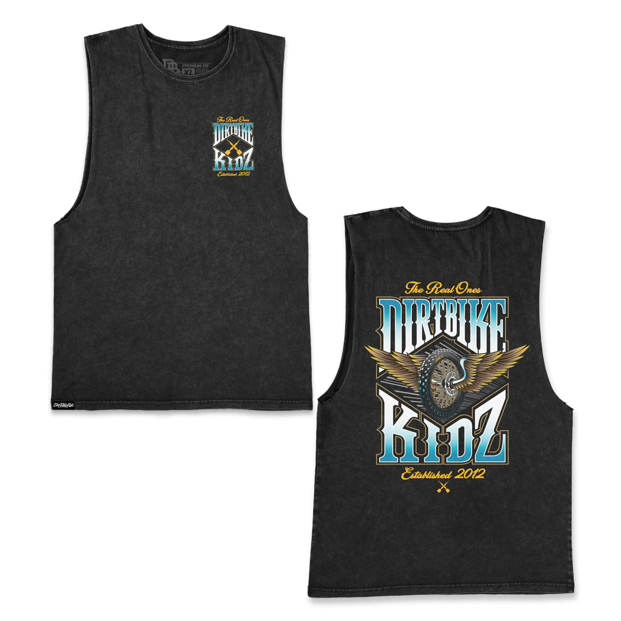 Dark sleeveless tank top with small chest logo and large front rider graphic