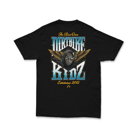 Black tee with 'Dirtbike Kidz' back graphic and winged wheel