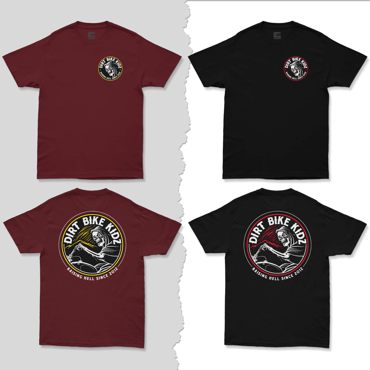 Reaper tee fronts in burgundy and black with Dirt Bike Kingdom round logo graphic