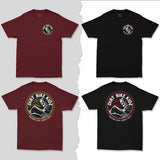 Reaper tee fronts in burgundy and black with Dirt Bike Kingdom round logo graphic