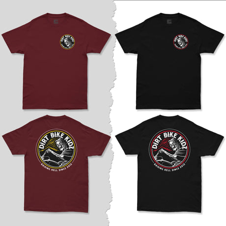 Reaper tee fronts in burgundy and black with Dirt Bike Kingdom round logo graphic